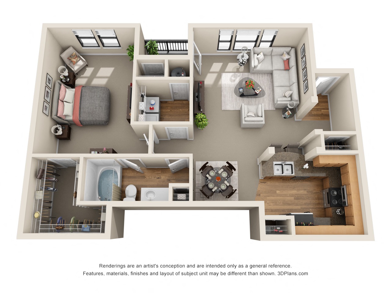 Floor plan for 1 bed, 1 bath, 942 sqft